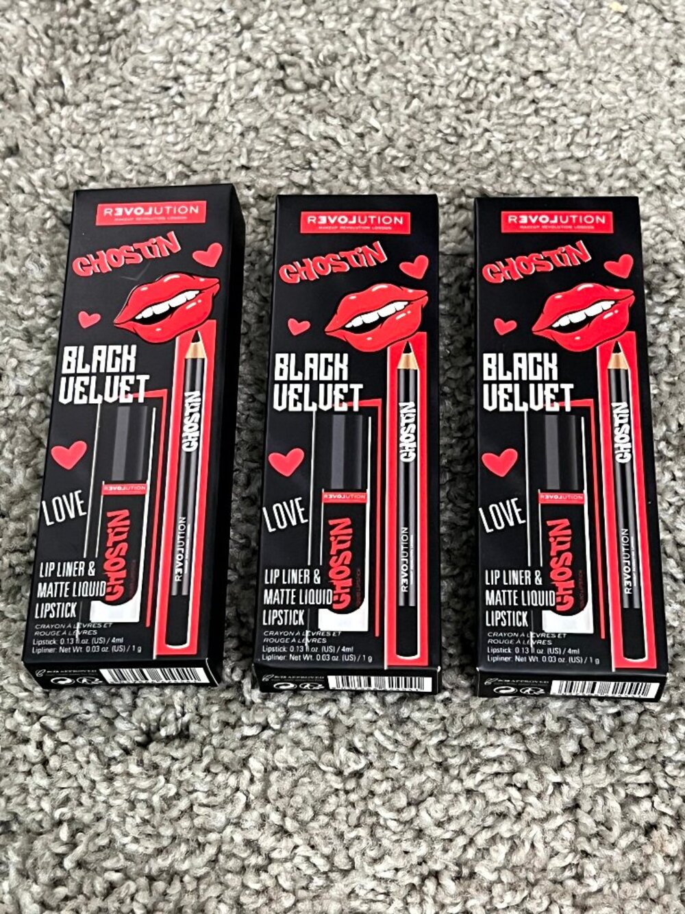 Revolution Ghostin Black Velvet Lip Liner & Matte Liquid Lipstick 3 Pack